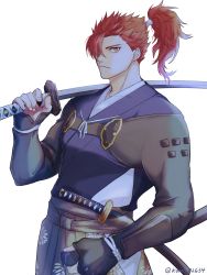 Rule 34 | 1boy, armor, closed mouth, commentary request, fate/grand order, fate (series), gloves, hair over one eye, highres, holding, japanese clothes, koha-ace, koma, long hair, long sleeves, male focus, mori nagayoshi (fate), ponytail, red hair, solo, spiked hair, weapon, yellow eyes