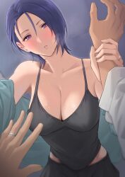 Rule 34 | 1boy, 1girl, bare shoulders, black camisole, blue hair, blush, breasts, breath, camisole, cleavage, collarbone, couple, fire emblem, fire emblem: three houses, furo atsushi, girl on top, glint, highres, holding another&#039;s wrist, husband and wife, jewelry, large breasts, nintendo, parted lips, pov, pov hands, purple eyes, ring, shamir nevrand, short hair, sweat, wedding ring