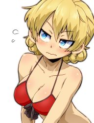 Rule 34 | 1girl, aono3, bikini, blonde hair, blue eyes, blush, bow, bow bikini, braid, breasts, bright pupils, cleavage, closed mouth, commentary, darjeeling (girls und panzer), embarrassed, flying sweatdrops, frown, girls und panzer, half-closed eyes, highres, leaning to the side, looking away, medium breasts, red bikini, short hair, simple background, solo, swimsuit, twin braids, upper body, wavy mouth, white background, white pupils