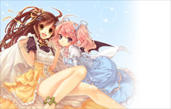 Rule 34 | 2girls, :d, ahoge, ankle ribbon, blue background, blue ribbon, blush, bow, bracelet, breasts, brown hair, bubble, dress, flower, frills, hair flower, hair ornament, hair ribbon, hairclip, hands up, jewelry, leg ribbon, legs, looking at viewer, multiple girls, open mouth, original, pink hair, purple eyes, ribbon, short sleeves, simple background, sitting, smile, striped, twintails, vertical stripes, yashiro satoshika, yashiro seika, yellow eyes, yellow ribbon