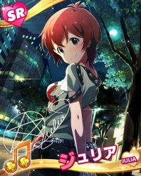 Rule 34 | 10s, 1girl, beamed quavers, belt, blue eyes, bracelet, breasts, card (medium), character name, character signature, idolmaster, idolmaster million live!, jewelry, julia (idolmaster), looking at viewer, musical note, official art, punk, punk rock, red hair, short hair, signature, smile, solo