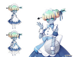 Rule 34 | 1girl, aki no jikan, armband, arms at sides, arrow (projectile), blonde hair, blue bow, blue dress, blue eyes, blue neckwear, blunt bangs, bow, bowtie, chibi, colored skin, double bun, dress, gradient hair, grey skin, hair bun, hand up, holding, holding tray, looking at viewer, maru-kichi, monster girl, multicolored hair, multiple views, official art, standing, stitches, tray, waitress, watermark, white legwear, wrist cuffs, zombie