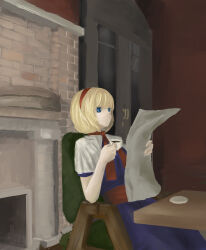 Rule 34 | 1girl, absurdres, alice margatroid, blonde hair, blue eyes, chair, chimney, cup, door, door handle, highres, holding, holding cup, holding newspaper, indoors, looking at object, medium hair, newspaper, plate, reading, red headwear, shinkopeishon, sitting, solo, table, teacup, touhou, wooden door