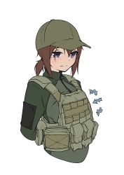 Rule 34 | 1girl, armedshipyard, arrow (symbol), baseball cap, blue eyes, brown hair, escape from tarkov, hat, inconvenient breasts, load bearing vest, military, ponytail, solo, white background