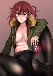 Rule 34 | 1girl, absurdres, black pantyhose, black shorts, blush, borrowed character, breasts, brown background, brown hair, can, crossed legs, dr pepper, drink can, freckles, fur trim, green jacket, highres, holding, holding can, jacket, long sleeves, looking at viewer, medium breasts, medium hair, navel, orange eyes, original, pantyhose, plump, pupi (rain prophet), shorts, simple background, smile, soda can, thighs