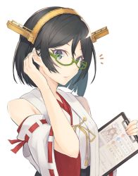 Rule 34 | 10s, 1girl, adjusting hair, bare shoulders, black hair, blue eyes, clipboard, detached sleeves, gameplay mechanics, gi (melmail), glasses, hair between eyes, tucking hair, headgear, kantai collection, kirishima (kancolle), kongou (kancolle), looking at viewer, nontraditional miko, parted lips, short hair, simple background, solo, upper body, white background, wide sleeves