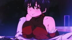 Rule 34 | 1boy, 1girl, bare shoulders, black hair, blush, breasts, detached sleeves, dress, gloves, highres, implied paizuri, izumo fuuko, keihh, large breasts, long hair, looking up, night, red dress, red gloves, undead unluck