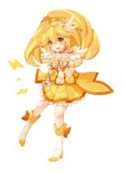 Rule 34 | 10s, 1girl, blonde hair, boots, bow, bowtie, choker, cure peace, double v, dress, hair flaps, hair ornament, hairpin, kise yayoi, long hair, magical girl, orange bow, orange bowtie, plus9, precure, skirt, smile, smile precure!, solo, v, white background, wide ponytail, yellow bow, yellow dress, yellow eyes, yellow skirt, yellow theme