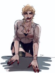 Rule 34 | 1girl, black nails, black skirt, blonde hair, blood, blood on clothes, blood on face, blood on hands, breasts, cleavage, collarbone, dio brando, genderswap, genderswap (mtf), highres, jojo no kimyou na bouken, large breasts, long hair, looking at viewer, makeup, minggiijwinjsj, miniskirt, orange eyes, phantom blood, red lips, shirt, skirt, smile, solo, thick thighs, thighhighs, thighs, vampire, white shirt