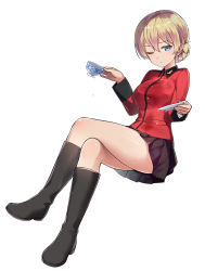 Rule 34 | 10s, 1girl, absurdres, black footwear, black skirt, blonde hair, blue eyes, blush, boots, braid, commentary request, crossed legs, cup, darjeeling (girls und panzer), girls und panzer, highres, invisible chair, knee boots, long hair, long sleeves, looking at viewer, military, miniskirt, ninnzinn, one eye closed, pleated skirt, saucer, sitting, skirt, solo, teacup, thighs, uniform