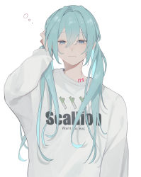 Rule 34 | 1girl, aqua hair, arm up, blue eyes, closed mouth, commentary request, english text, eyebrows hidden by hair, hair between eyes, half-closed eyes, hand on own head, hatsune miku, highres, long hair, long sleeves, looking at viewer, number tattoo, shoulder tattoo, simple background, squeans, sleepy, solo, spring onion, sweater, tattoo, upper body, vocaloid, waking up, white background, white sweater, yukihira makoto