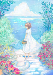 Rule 34 | 1girl, arm at side, basket, blue sky, blunt bangs, blush, brown eyes, brown hair, caustics, closed mouth, cloud, commentary, curly hair, day, dress, flower, foliage, four o&#039;clock (flower), from behind, full body, highres, holding, holding basket, innertube, leaf, looking back, momochy, nature, ocean, on ground, original, outdoors, plant, rabbit, red flower, sandals, scenery, short hair, short sleeves, signature, sky, smile, solo, standing, sundress, swim ring, traditional media, water, white dress, white rabbit (animal), wide shot, yellow flower