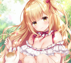 Rule 34 | 1girl, animal, bare shoulders, blurry, blurry background, blush, bow, breasts, brown eyes, cat, cleavage, closed mouth, commentary request, day, depth of field, dress, fingernails, hair bow, head tilt, holding, light brown hair, long hair, medium breasts, mitsuba choco, off-shoulder dress, off shoulder, one side up, original, outdoors, red bow, sidelocks, smile, solo, very long hair, white dress, wrist cuffs