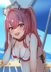 Rule 34 | 1girl, absurdres, all fours, bare shoulders, beach, bikini, blush, breasts, cloud, day, goddess of victory: nikke, hat, highres, large breasts, outdoors, pepper (nikke), pepper (ocean vitamin) (nikke), pink eyes, pink hair, side ponytail, sitting, sky, solo, ssa (kiseion), sweat, swimsuit, thighs, white bikini, white hat