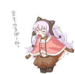 Rule 34 | 10s, 1girl, animal hood, bad id, bad pixiv id, blush, bow, brown gloves, buttons, capelet, cat hood, choker, clenched hands, closed eyes, fur trim, gloves, hat, hood, light purple hair, long hair, mahou shoujo madoka magica, mahou shoujo madoka magica: hangyaku no monogatari, momoe nagisa, navel, outstretched arms, pantyhose, pantyhose under shorts, patterned legwear, polka dot, polka dot legwear, puffy pants, red bow, shorts, shouting, simple background, solo, suspenders, translation request, uruo, white background