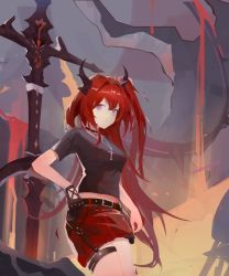 Rule 34 | absurdres, arknights, belt, chest strap, crop top, demon girl, demon horns, highres, horns, lava, official alternate costume, red hair, red shorts, shorts, slit pupils, surtr (arknights), surtr (liberte echec) (arknights)