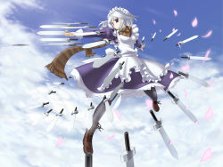 Rule 34 | 1girl, blue eyes, breasts, day, female focus, full body, highres, izayoi sakuya, jerry, knife, maid, outdoors, pantyhose, perfect cherry blossom, scarf, silver hair, sky, solo, throwing knife, touhou, weapon