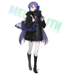 Rule 34 | 1girl, bad id, bad twitter id, bag, black footwear, boots, cardigan, cellphone, character name, coat, fate/extra, fate/extra ccc, fate (series), full body, hair ribbon, high heel boots, high heels, ice skates, knee boots, long hair, looking away, meltryllis (fate), mouth hold, nagu, phone, plaid, plaid skirt, pleated skirt, purple eyes, purple hair, ribbon, scarf, school bag, school uniform, shoulder bag, simple background, skates, skirt, smartphone, solo, standing, thighhighs, very long hair, white background, white thighhighs, zettai ryouiki