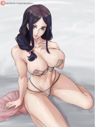 Rule 34 | 1girl, alternate hairstyle, black hair, blue eyes, breasts, cleavage, covered erect nipples, highres, lady shin, large breasts, lips, looking at viewer, nico robin, one piece, parted lips, simple background, solo, thighs, thong