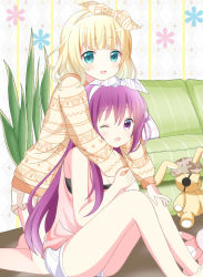 Rule 34 | 2girls, :d, ;d, aqua eyes, bare arms, bare legs, bare shoulders, barefoot, beret, blonde hair, brown hairband, brown headwear, brown ribbon, brown sweater, camouflage, camouflage headwear, commentary request, couch, feet out of frame, gochuumon wa usagi desu ka?, hair between eyes, hair ribbon, hairband, hat, highres, kirima syaro, kneeling, knees up, long hair, long sleeves, multiple girls, one eye closed, open mouth, pink tank top, plant, pleated skirt, purple eyes, purple hair, ribbon, ryoutan, short shorts, shorts, sitting, skirt, smile, stuffed animal, stuffed toy, sweater, tank top, teddy bear, tedeza rize, very long hair, white hairband, white ribbon, white shorts, white skirt
