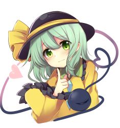 Rule 34 | 1girl, absurdres, black hat, blush, bow, commentary request, cropped torso, finger to face, frilled shirt collar, frills, green eyes, green hair, hair between eyes, hat, hat bow, head tilt, heart, heart-shaped pupils, heart of string, highres, index finger raised, komeiji koishi, long sleeves, looking at viewer, ruhika, short hair, simple background, smile, solo, symbol-shaped pupils, third eye, touhou, upper body, white background, wide sleeves, yellow bow