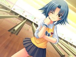 Rule 34 | 00s, 1girl, :3, ball, blue hair, blush, bowling, breasts, ceiling, cowboy shot, dutch angle, fang, fang out, green hair, heart, heart print, holding own arm, indoors, izumi rei, light smile, long sleeves, looking at viewer, miniskirt, momose mako, one eye closed, parted bangs, pleated skirt, reflection, shirt, short hair, skirt, sleeves rolled up, small breasts, smile, solo, standing, tank top, tomboy, true tears, true tears (vn), wink, wooden floor, wristband, yellow eyes