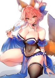 1girl adapted_costume animal_ear_fluff animal_ears bare_shoulders blue_legwear blush breasts cleavage collarbone fate/extra fate_(series) fishnet_leotard fishnets fox_ears fox_girl fox_tail hand_fan highres holding holding_fan large_breasts leotard long_hair looking_at_viewer paper_fan pink_hair smile solo tail tamamo_(fate) tamamo_no_mae_(fate/extra) wisespeak yellow_eyes