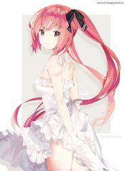 Rule 34 | 1girl, arms behind back, bare legs, bare shoulders, breasts, commission, dedeko, dress, frilled dress, frills, hair between eyes, hair ornament, hair ribbon, looking at viewer, looking back, multicolored hair, original, parted bangs, parted lips, patreon username, pink hair, red hair, ribbon, signature, small breasts, smile, solo, strapless, strapless dress, streaked hair, twintails, two-tone background, white dress, yellow eyes