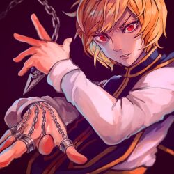 Rule 34 | 1boy, aokamei, blonde hair, blue tabard, chain, eyelashes, foreshortening, hunter x hunter, jewelry, kurapika, long sleeves, looking at viewer, male focus, multiple rings, parted lips, red eyes, ring, shirt, short hair, solo, tabard, upper body, white shirt