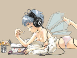 Rule 34 | 1girl, ass, barefoot, breasts, cirno, feet, female focus, headphones, lying, on stomach, ootsuka mahiro, panties, reading, short hair, simple background, solo, third-party edit, topless, touhou, underwear, wings