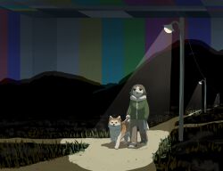 Rule 34 | 1boy, absurdres, avogado6, bag, black eyes, brown hair, brown pants, commentary request, field, fur-trimmed jacket, fur trim, grass, green jacket, hand in pocket, highres, holding, holding bag, holding leash, jacket, lamppost, leash, looking up, mountainous horizon, night, open mouth, original, outdoors, pants, path, pet walking, plastic bag, power lines, road, shiba inu, shoes, sky, sneakers, solo, spotlight, surreal, test card, walking, wide shot