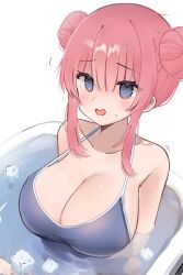 Rule 34 | 1girl, @ @, absurdres, artist name, bare shoulders, bathtub, blue eyes, blue one-piece swimsuit, blush, bocchi the rock!, breasts, cleavage, collarbone, commentary, double bun, english commentary, gotoh hitori, hair between eyes, hair bun, highres, ice, ice cube, large breasts, meiwowowo, nervous smile, one-piece swimsuit, open mouth, pink hair, signature, simple background, smile, solo, sweatdrop, swimsuit, trembling, water, white background