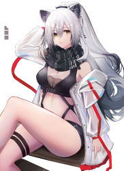 Rule 34 | 1girl, absurdres, animal ears, arknights, arm up, bare legs, bare shoulders, black scarf, black shorts, breasts, cat ears, cleavage, commentary, crop top, ema (kuguiema), feet out of frame, hair between eyes, highres, long hair, looking at viewer, medium breasts, micro shorts, midriff, off shoulder, scarf, schwarz (arknights), shorts, silver hair, simple background, sitting, solo, stomach, thigh strap, thighs, white background, yellow eyes