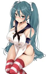 Rule 34 | 1girl, black neckerchief, black panties, blue eyes, blue sailor collar, breasts, chigasaki yukari, commentary request, crop top, elbow gloves, feet out of frame, gloves, grey eyes, highres, invisible chair, isuzu (kancolle), kantai collection, large breasts, long hair, neckerchief, no pants, panties, sailor collar, shimakaze (kancolle), simple background, sitting, solo, striped clothes, striped thighhighs, thighhighs, twintails, underwear, v arms, white background, white gloves