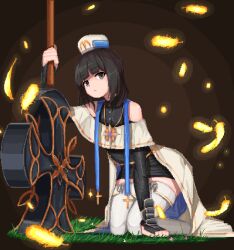 Rule 34 | 1girl, bare shoulders, black dress, black hair, closed mouth, dress, dungeon and fighter, expressionless, falling feathers, feathers, female priest (dungeon and fighter), full body, grass, grey eyes, hat, highres, holding, holding polearm, holding weapon, jewelry, kdsgame02, kneeling, pendant, pixel art, polearm, priest, short hair, solo, thighhighs, weapon, wrist guards