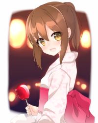Rule 34 | 10s, brown eyes, brown hair, candy apple, food, inazuma (kancolle), japanese clothes, kantai collection, kimono, long hair, open mouth, ponytail, rateratte, smile, solo, yukata