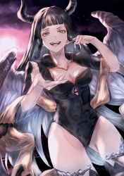 Rule 34 | 1girl, airborne, black hair, black leotard, blunt bangs, breasts, cleavage, cloud, cloudy sky, commentary request, demon horns, feathered wings, granblue fantasy, green eyes, highleg, highleg leotard, highres, horns, large breasts, leotard, long hair, looking at viewer, magus (granblue fantasy), medium breasts, muramitsu (d3jgv), open mouth, outdoors, outstretched hand, playing with own hair, sky, smile, solo, thighhighs, wings