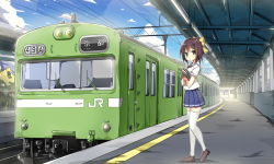 Rule 34 | 1girl, blue skirt, book, brown eyes, brown footwear, brown hair, cable, cloud, cloudy sky, day, fence, from side, hair ribbon, holding, holding book, loafers, looking at viewer, outdoors, overhead line, pleated skirt, railroad tracks, ribbon, school uniform, serafuku, shoes, short hair, short sleeves, skirt, sky, sky-freedom, sliding doors, solo, standing, thighhighs, train, white thighhighs, yellow ribbon, zettai ryouiki