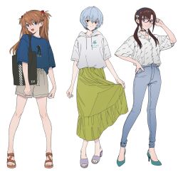 Rule 34 | 3girls, ayanami rei, casual clothes, denim, dress, feet, full body, glasses, high heels, highres, jeans, looking at viewer, makinami mari illustrious, multiple girls, neon genesis evangelion, pants, source request, souryuu asuka langley, toes, white background