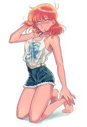 Rule 34 | bare legs, barefoot, belt, blush, breasts, closed mouth, clothes writing, denim, denim shorts, full body, hand in own hair, hand on own foot, hand up, long hair, looking at viewer, oniyama831, orange hair, original, retro artstyle, shorts, small breasts, sweat, tank top, toes, white tank top, yellow belt