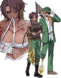 1boy 1girl applying_bandages bandaged_arm bandaged_chest bandages black_footwear black_vest blood boots braid breasts brown_footwear brown_hair collared_shirt dark-skinned_female dark_skin full_body genderswap genderswap_(ftm) genderswap_(mtf) gloves green_jacket green_pants hair_tubes hand_up harpoon heathcliff_(project_moon) highres ishmael_(project_moon) jacket large_breasts limbus_company long_hair low_ponytail multiple_views ngancurindunia orange_hair pants parted_bangs peg_leg pequod_(identity)_(project_moon) ponytail project_moon recursive_genderswap scar scar_on_arm shirt shoes short_hair simple_background sweat vest white_background white_gloves white_shirt