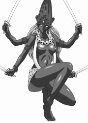 Rule 34 | 1girl, anklet, armband, armlet, artist request, bracelet, breasts, colored skin, dark-skinned female, dark skin, earrings, extra arms, grey skin, greyscale, jewelry, monochrome, monster girl, necklace, nipples, no pupils, simple background, skull, skull necklace, solo, sword, topless, weapon