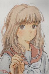 Rule 34 | 1girl, brown eyes, brown hair, closed mouth, commentary, hand up, highres, holding, holding own hair, long hair, looking at viewer, nanase774938, neckerchief, original, painting (medium), red sailor collar, sailor collar, sailor shirt, school uniform, serafuku, shirt, simple background, solo, symbol-only commentary, traditional media, upper body, watercolor (medium), white background, white neckerchief, white shirt