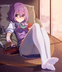 Rule 34 | 1girl, blush, breasts, carpet, cellphone, chips (food), closed mouth, collar, crotch seam, ddt (darktrident), eating, feet, food, frilled collar, frills, full body, gem, hair between eyes, highres, indoors, looking at viewer, lying, medium hair, miniskirt, no shoes, nose blush, original, panties, pantyshot, personification, petticoat, phone, pillow, plaid, plaid skirt, pleated skirt, potato chips, puffy short sleeves, puffy sleeves, purple eyes, purple hair, purple vest, short sleeves, skirt, small breasts, smartphone, soles, solo, starcraft, thighhighs, toes, underwear, vest, wavy mouth, white panties, white thighhighs, wooden floor, zergling (ddt (darktrident))