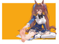 Rule 34 | 1girl, animal ears, antenna hair, barefoot, black bow, blue jacket, blue skirt, blush, border, bow, breasts, center frills, commentary request, daiwa scarlet (umamusume), epaulettes, feet, frills, hair between eyes, hair intakes, highres, horse ears, horse girl, horse tail, jacket, large breasts, long hair, on ground, open mouth, petticoat, pleated skirt, red eyes, red hair, shoes, unworn shoes, skirt, smile, soles, solo, stretching, tail, unworn thighhighs, tiara, toes, trembling, twintails, umamusume, very long hair, white border, wuzhu nis, yellow background