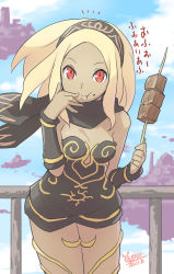 Rule 34 | 1girl, black scarf, blonde hair, breasts, closed mouth, dark-skinned female, dark skin, dated, dress, gravity daze, hairband, highres, kitten (gravity daze), long hair, looking at viewer, oyster (artist), red eyes, scarf, solo, strapless, vambraces