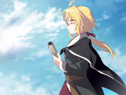 Rule 34 | 1girl, ahoge, akinomiya asuka, black cape, black coat, blonde hair, cape, closed mouth, coat, commentary request, from side, glasses, hair ribbon, japanese clothes, kimono, long hair, long sleeves, magahara mitama, mystical power plant, open clothes, open coat, original, ponytail, red kimono, red ribbon, ribbon, smile, solo, touhou, yellow eyes
