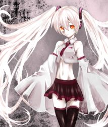 Rule 34 | 1girl, albino, detached sleeves, female focus, hatsune miku, long hair, midriff, navel, necktie, red eyes, skirt, solo, thighhighs, twintails, very long hair, vocaloid, white hair