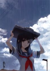 Rule 34 | 1girl, absurdres, arms up, bag, black eyes, black hair, briefcase, cloud, cloudy sky, day, highres, huge filesize, improvised umbrella, lamppost, long hair, looking at viewer, misaki kurehito, original, outdoors, parted lips, power lines, rain, school bag, school briefcase, school uniform, see-through, serafuku, short sleeves, sky, solo, upper body, utility pole, wet, wet clothes, wet hair