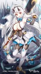 1girl :d absurdres ankle_cuffs arm_cutout belt black_pantyhose blue_bow blue_bowtie blue_skirt boots bow bowtie bracelet breasts cleavage copyright_name covered_navel cuffs detached_sleeves dragon_girl dragon_horns dragon_tail dress epic_seven frills garter_straps gold_bracelet greatsword hair_between_eyes hair_bow hairband handcuffs highres horns jewelry long_hair official_art open_belt open_mouth pantyhose pointy_ears red_eyes skirt smile sword tachi-e tail tail_bow tail_ornament thigh_boots very_long_hair weapon white_dress white_footwear white_hair white_skirt yufine_(epic_seven)